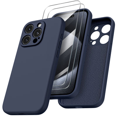 Flüssigsilikon-Schutzhülle für iPhone 15 Pro Max mit Kameraschutz und 2 Displayschutzfolien