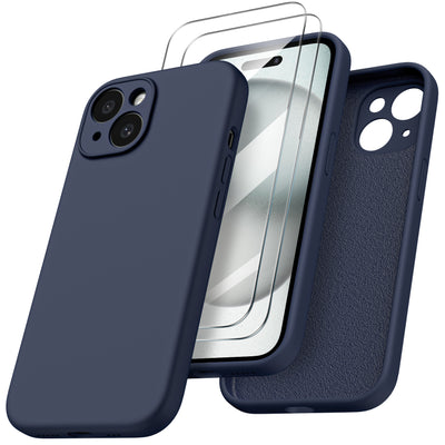 Flüssigsilikon iPhone 15 Hülle mit Kameraschutz und 2 Displayschutzfolien