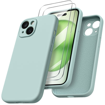 Flüssigsilikon iPhone 15 Hülle mit Kameraschutz und 2 Displayschutzfolien