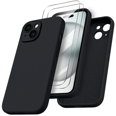 Flüssigsilikon iPhone 15 Hülle mit Kameraschutz und 2 Displayschutzfolien