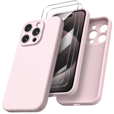 Flüssigsilikon iPhone 15 Pro Hülle mit Kameraschutz und 2 Displayschutzfolien