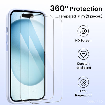 Flüssigsilikon iPhone 15 Hülle mit Kameraschutz und 2 Displayschutzfolien